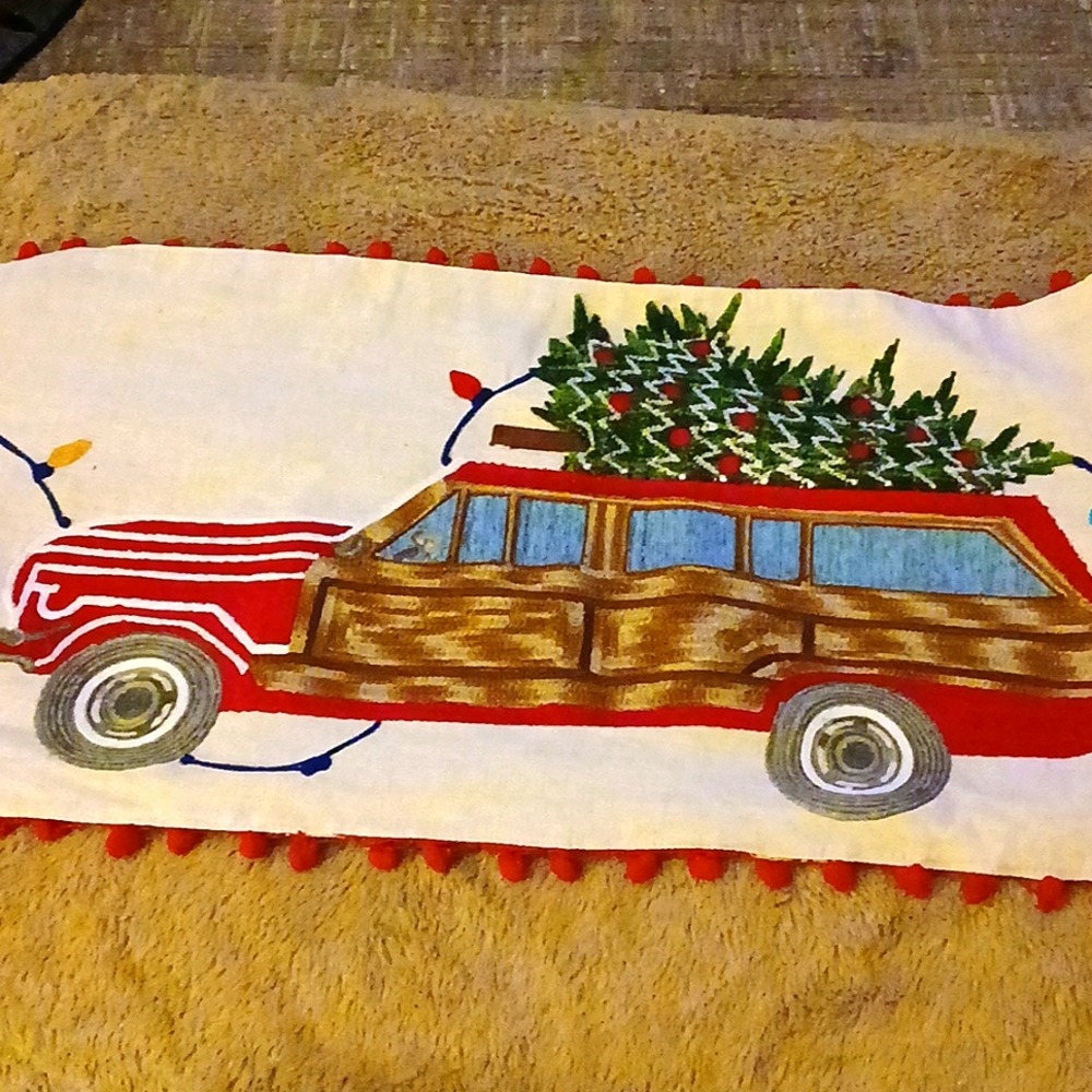 Holiday embroidered linen table runner red truck with tree